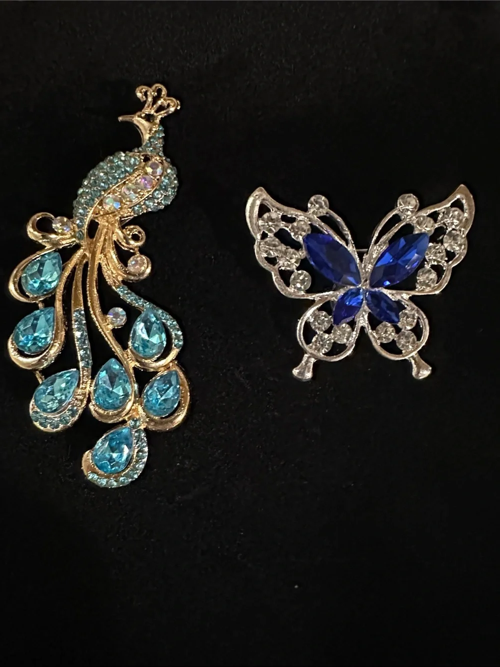 Gold Peacock and Silver Butterfly Crystal Brooch Set - Blue